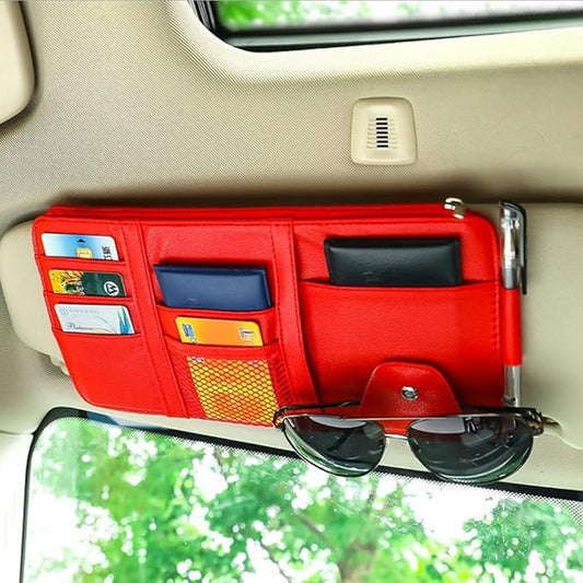 Car Sun Visor Organizer, Auto Interior Accessories Pocket Organizers, Personal Belonging Storage Pouch Organizer, Pouch Holder with Multi-Pocket Net Zippers (Red)
