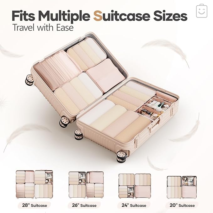 Veken 9/11 Set Compression Packing Cubes for Travel Essentials,Compressible Expandable Large Luggage Suitcase Organizer Bags for Clothing,Durable Space Saver Storage Bags with Toiletry Bags(Beige)