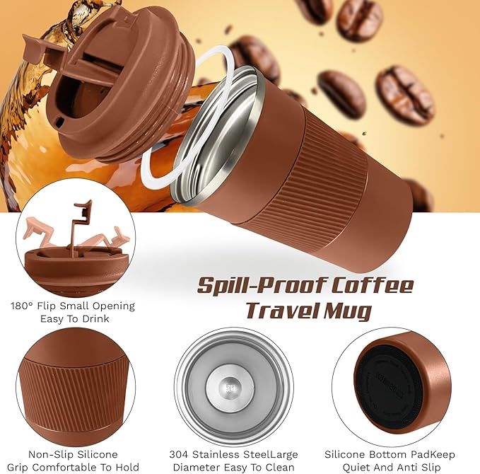 SPLMIFA Vacuum-Insulated Stainless Steel Travel Coffee Mug, Leak-Proof Reusable Coffee Cup with Lid -Keep Hot & Cold Drinks for Hours, Durable Insulated Tumbler for Men & Women(3rd-Light Coffee, 17OZ)