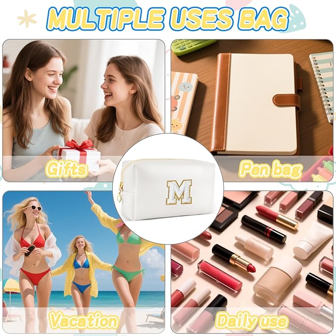 Gifts for Girls Initial Makeup Bag Personalized Cosmetic Bag with Zipper Cute Travel Toiletry Bags Waterproof PU Preppy Makeup Pouch Birthday Gift for Teen Girls Women(White M)