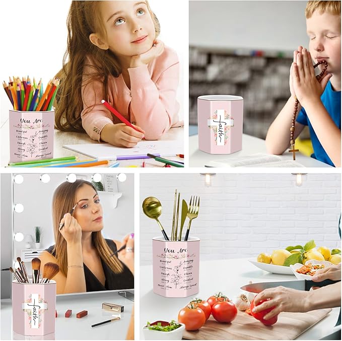 WAVEYU Pen Holder for Desk, Cute Ceramic Pencil Holder, Pen Cup Marker Holder Makeup Brush Holders, Desk Accessories & Workspace Organizers for Office, Home, Religious Style