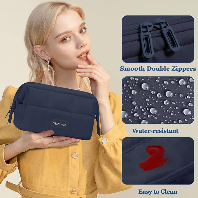 Makeup Bag Travel Toiletry Bag - Cute Make Up Bag, Waterproof Cosmetic Bag with Multiple Compartments, Wide-open Makeup Pouch for Cosmetics, Toiletries, and Travel Essentials, Navy Blue