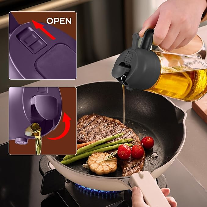 YARRAMATE 2Pcs 16oz/470ml Glass Olive Oil Sprayer for Cooking with Stickers, 2 in 1 Oil Dispenser for Kitchen Gadgets, Food Grade Premium Spray Bottle with Portion Control for Salad, BBQ(Black&Purple)