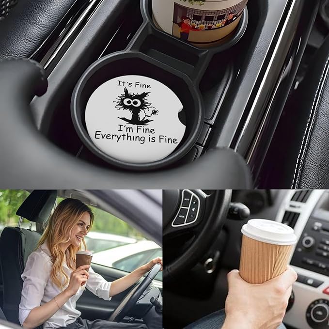 Car Cup Holder Coasters, 2 Pcs Ceramic Coasters with Cork Back and Finger Slot, Anti-Slip Shock Absorbing Women and Men Universal Car Accessories - Fine Cat