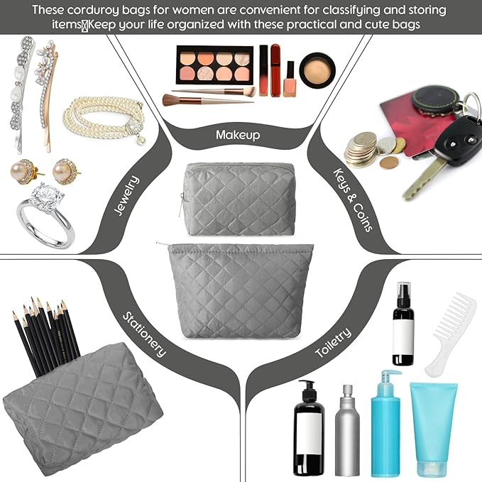 2 Pcs Pencil Case Quilted Makeup Bag Aesthetic Cosmetic Pouch for Women Puffer Travel Toiletry Bag Set Cotton Small Purse Pouch Makeup Organizer with Zipper(Gray)