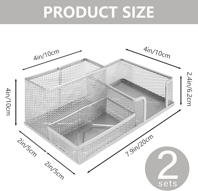 2 Pcs Metal Pen Holder for Desk with 3 Compartments, Office Desktop Organizer Pencil Cup Caddy for Stationery Marker Storage School Home Supplies(Black，Silver (Silver)