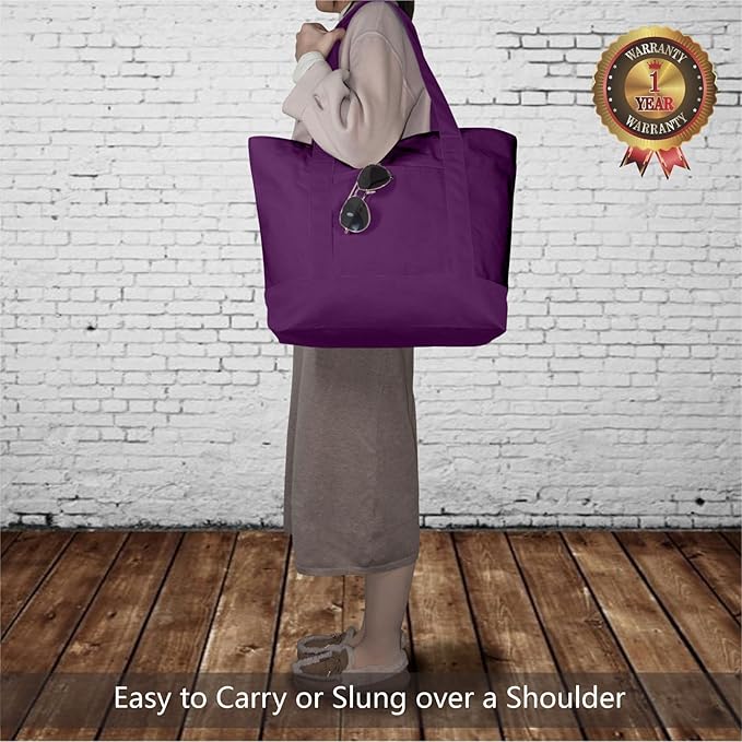 TOPDesign 1-Pack Canvas Tote Bags with an External Pocket, Reusable Grocery Shopping Bags, Top Zipper Closure, Daily Essentials (Purple)