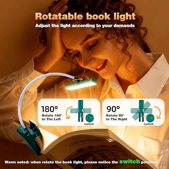 VAVOFO Rechargeable Book Light Rotatable：24 LEDs Reading Light, 3-Color & 9-Brightness Book Lamp, Eye Cared 120Hrs Runtime Lightweight Clip on Led Light for Book Lovers (Green)