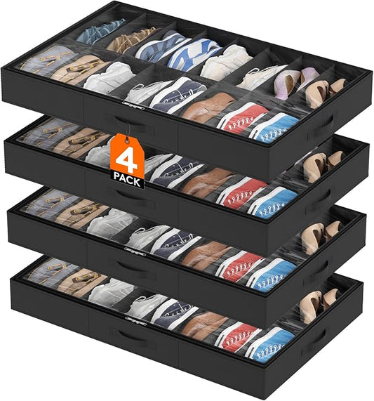 Lifewit Under Bed Shoe Storage Organizer 4 Pack (16 Pairs), 4.3" Tall Fabric Shoes Container Box, Foldable Closet Shoe Bag with 2 Reinforced Handles and Clear Cover, Black