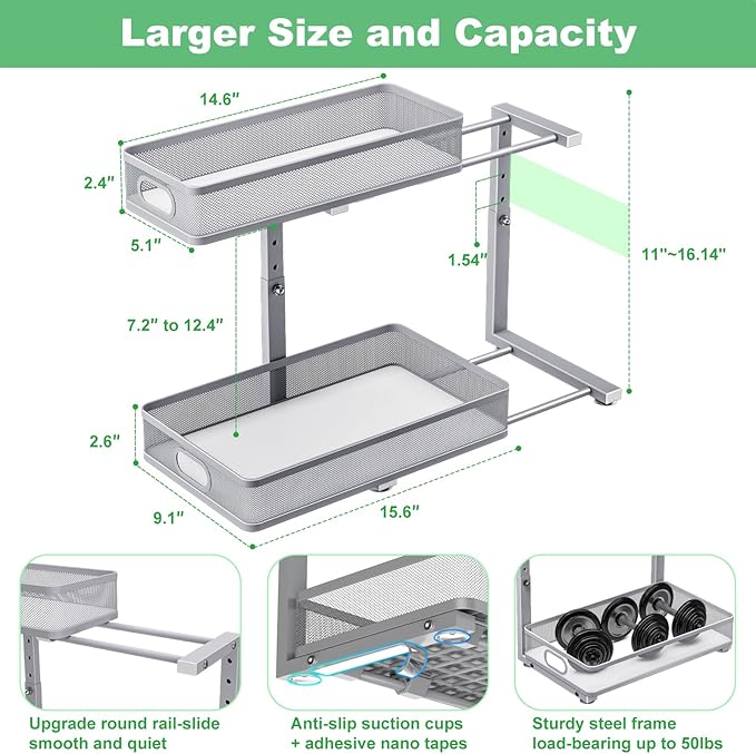 Under Sink Organizer, Highly Adjustable 2-Tier Under Sink Organizers and Storage, Slide-Out Metal Cabinet Organizers, Pull-Out Sink Storage Drawer Shelf for Kitchen Bathroom Cabinet, Grey, 2 Pack