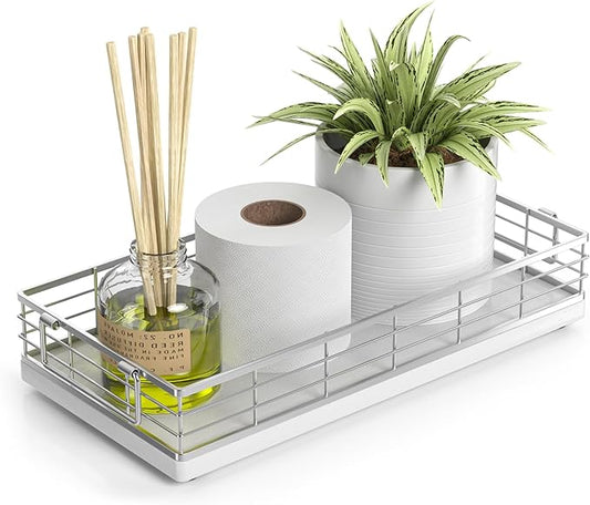 Toilet Paper Basket, 13 Inch Oak and Iron Bathroom Tank Tray Top of Toilet Storage Toiletries Organizer for Bathroom, Living Room and Kitchen (White)