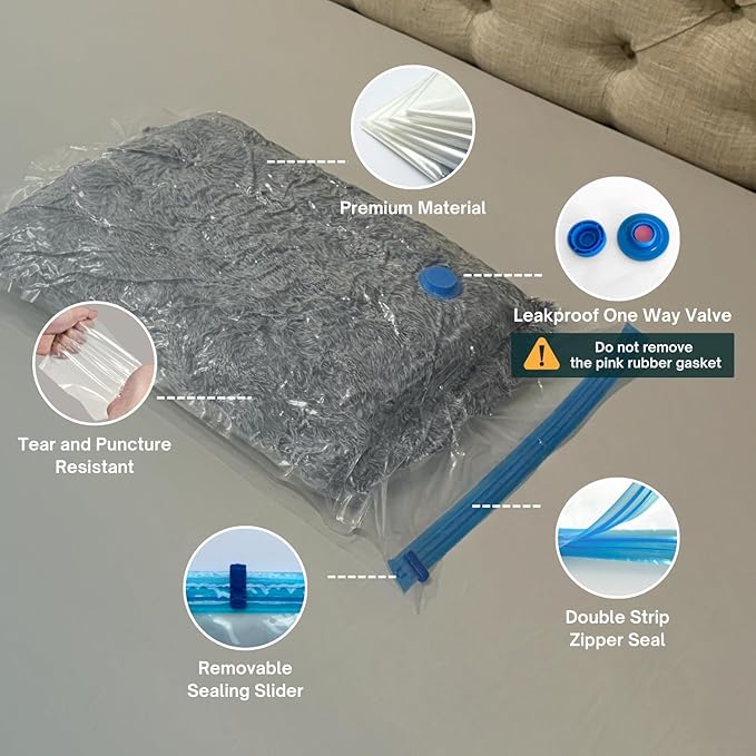 6 XL Jumbo Vacuum Storage Bags with Pump, Extra Large Compression Space Saver for Comforter, Duvet, Blanket, Bedding Storage, Vacuum Seal Bags for Clothing, Luggage Closet Organizer