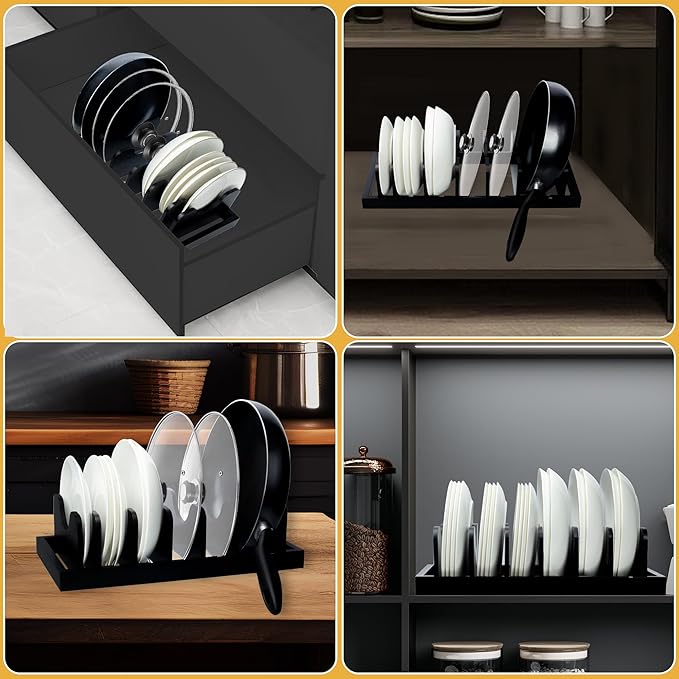 MinBoo Bamboo Pot Lid Organizer Pot Lid Holder, Pot and Pan Organizer Drawer Organizer for Pot Lids, Pans, Cutting Boards & Baking Sheets, Dinner Plates, Reusable Containers in Cabinet Storage, Black