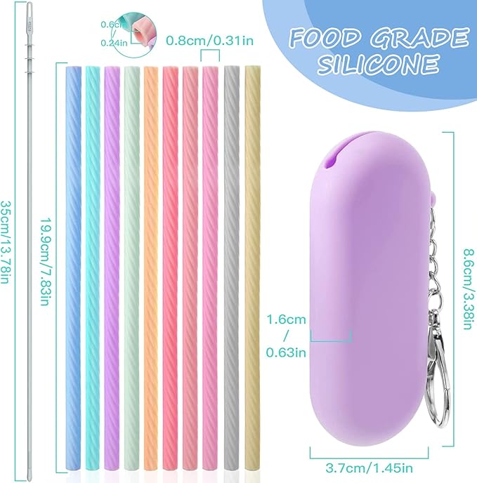 10 Sets Silicone Straws with Case, Reusable Straws Silicone Foldable, Portable Drinking Straw Set for Party Travel Cold or Hot Straw with Carry Case, Cleaning Brush(Light Color)