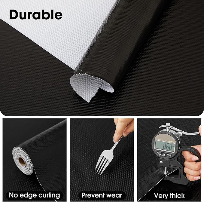 Drawer and Shelf Liner, Non-Slip Kitchen Cabinet Liners Non-Adhesive Thick Strong Grip Waterproof Washable Mats Protect Dresser Shelves Cupboard Bathroom Cabinets, Black, 12 in X 20 FT