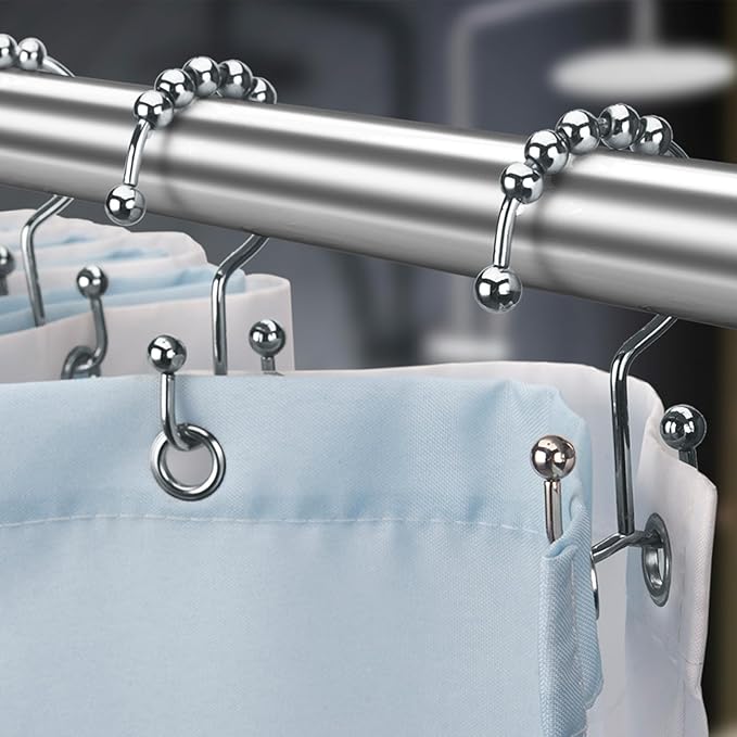 Titanker Double Shower Curtain Hooks, Rust Proof Shower Curtain Rings, Metal Shower Hooks for Bathroom Shower Rods Curtains, Set of 12 Hooks - Chrome