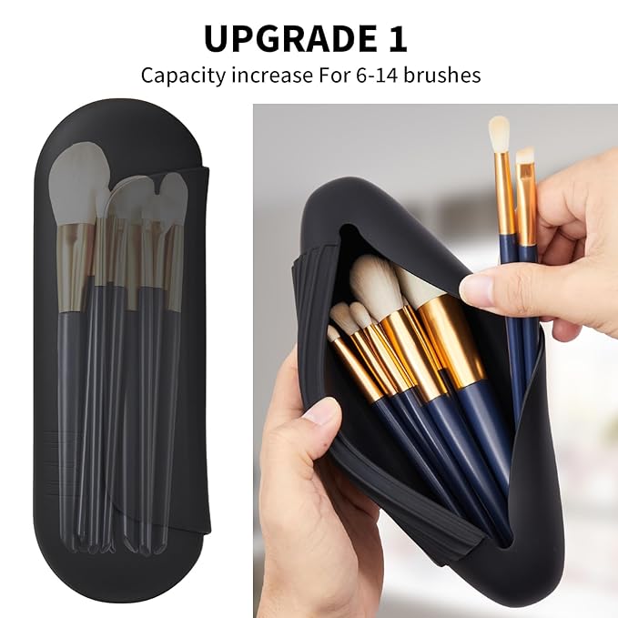 2 IN 1 Silicone Makeup Brush Holder with Beauty Make Up Sponge Holder Case：Soft Portable Cosmetic Face Brushes Holder with Upgrade Anti-Fall Out Magnetic Closure - Black