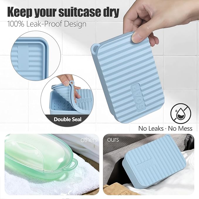 OTHIX Extra Large Silicone Leak Proof Travel Soap Case - Compatible with 10 oz Duke Cannon or Shampoo & Conditioner Bar Set | Travel Essentials for Trips, Outdoor Adventures, Truck Drivers(Light blue)