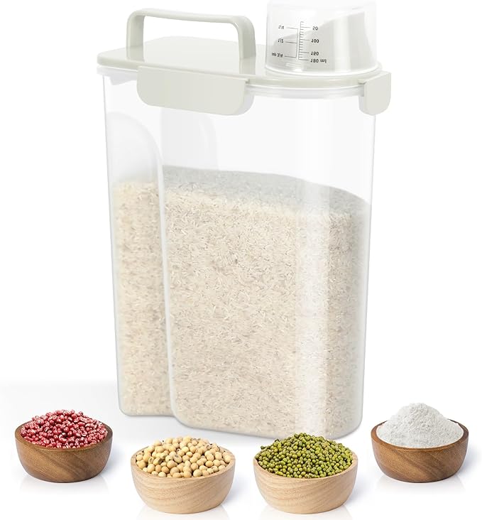 TBMax Airtight Rice Container 10 Lbs, Cereal Dispenser, Pet Cat Dog Food Storage Container, Plastic Kitchen Pantry Food Storage Holder with Cup -Beige