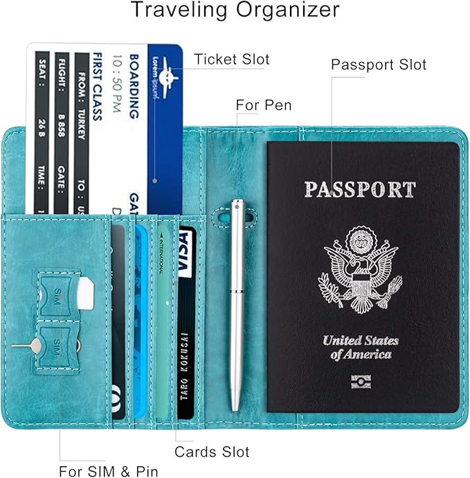 WALNEW Passport Holder for Travel, RFID Passport Cover Wallet for Women Men, PU Leather Passport Book Card Holder Case with Pen, Travelling Essentials for Flying