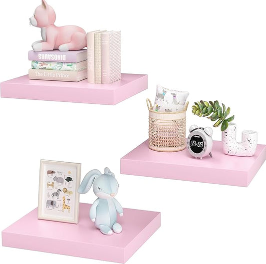 Small Pink Floating Shelves for Wall - 12 x 9 Inch Shelves for Bedroom, Living Room, Bathroom, Kitchen, Office Decor Set of 3