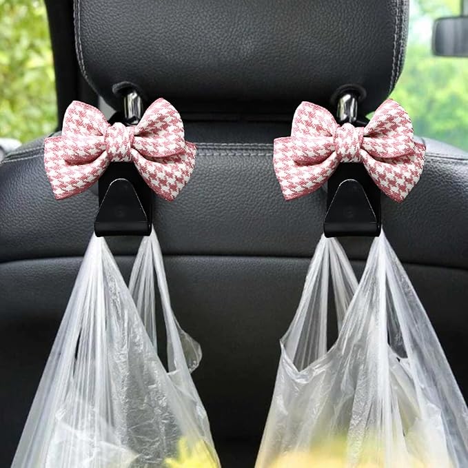 Mandark 2PCS Car Seat Headrest Hooks, Cute Bow Vehicle Hooks for Purses and Bags, Automotive Purse Hook Hanger Interior Decoration Accessories, Universal for SUV, Sedan, Truck (Pink/Small)