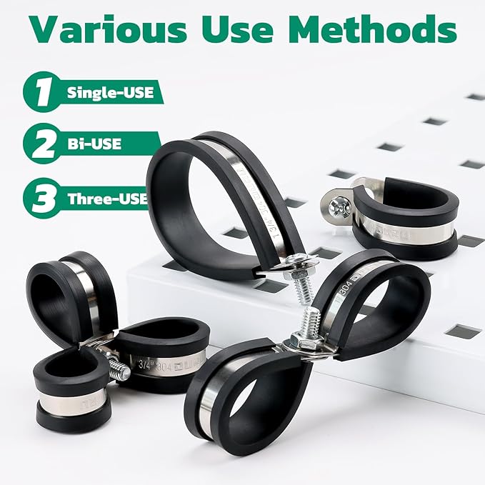 OURU 125PCS Cable Clamp,12 Sizes Stainless Steel Rubber Coated Cushioned Insulated Cable Clamps Assortment Kit-Metal Wire Clamps,Cable Clips,Pipe Clamps