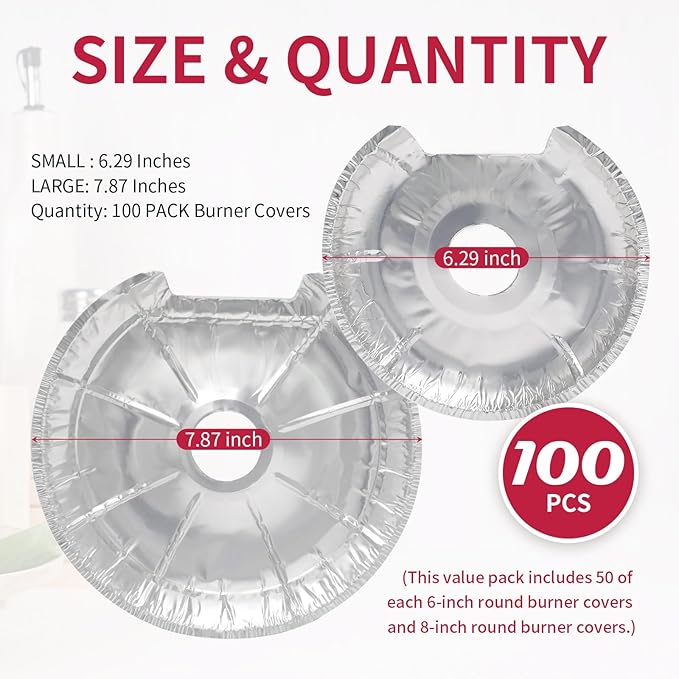 Round Electric Stove Burner Covers - Thicker Aluminum Foil Burner Liners - Disposable Stove Top Protector, 100 Pack (50 * 6 Inch and 50 * 8 Inch)