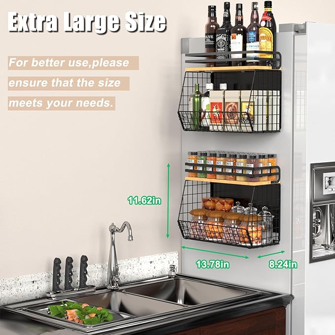 Magnetic Shelf for Fridge with Wood Lid, Fruit Potato & Onion Storage Bins, Magnetic Spice Rack for Refrigerator Pantry Organizer & Storage, Large Container for Refrigerator, Kitchen Counter & Laundry