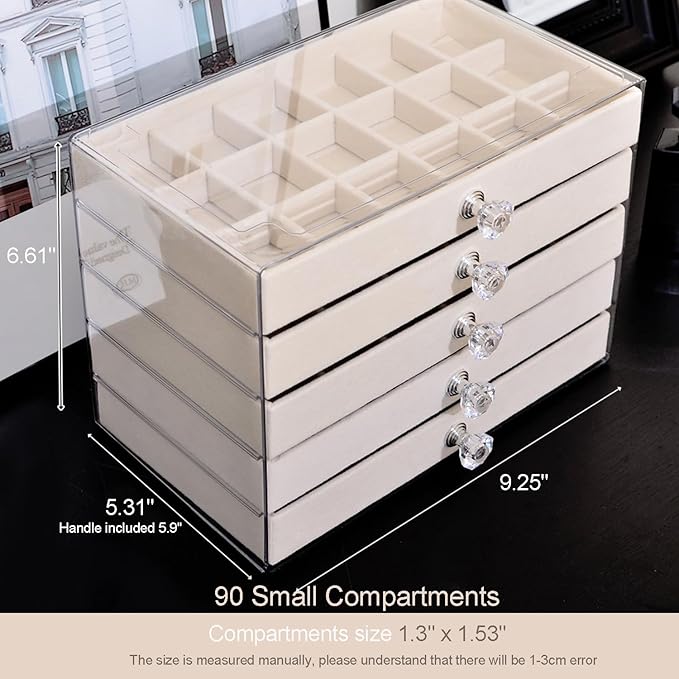 SPAKOWN Earring Box Holder Organizer Display Case, Clear Velvet Jewelry Storage Tray Organizer for Earring Ring Stud (Beige - 5 Drawers)