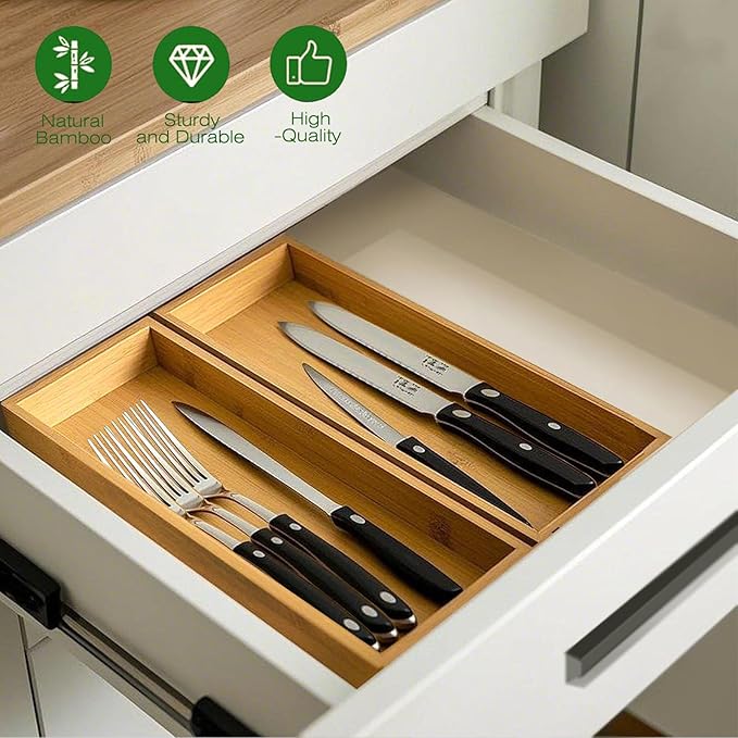 Bamboo Drawer Silverware Organizer, Utensil Organizer, Bamboo Storage Box Wood Silverware Tray for Drawer Set of 2