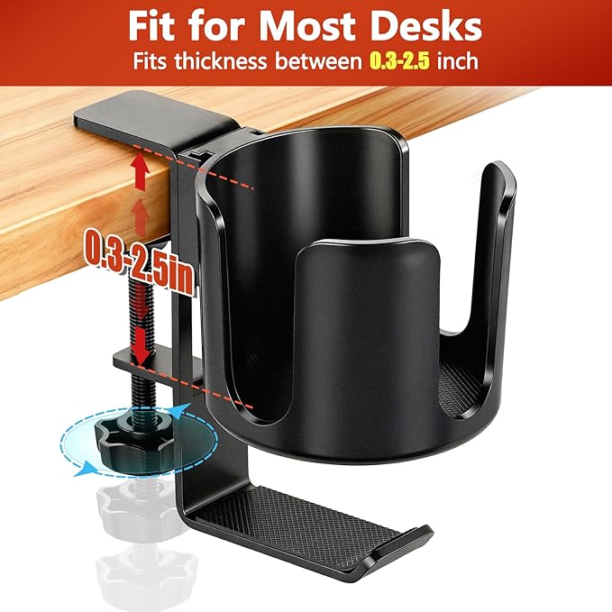 Desk Cup Holder Clamp with Headset Hook, Anti-Spill Water Bottle Stand Clip On Table Edge or Chair Armrests, Office Accessories for Coffee Drink Mug Bottles