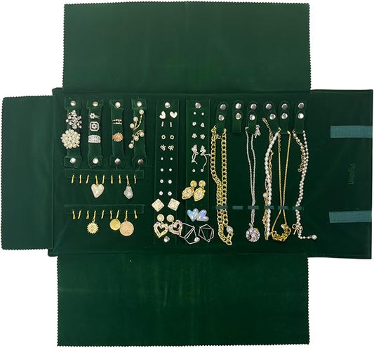 UnionPlus Velvet Travel Jewelry Case Roll Bag for Necklaces Brackets, Great Jewelry Organizer for Travel, Multi Jewelry Organizer, Blackish Green