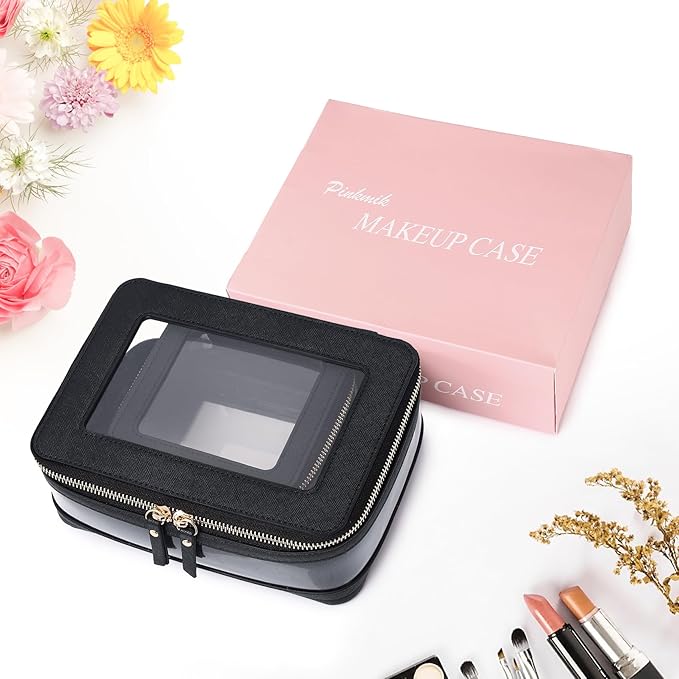 Pinkmik Clear Makeup Bag with Zipper Waterproof Travel Makeup Set for Cosmetics and Toiletries Women's Purse Organizer and Car Essentials (Black, M+MINI-1)