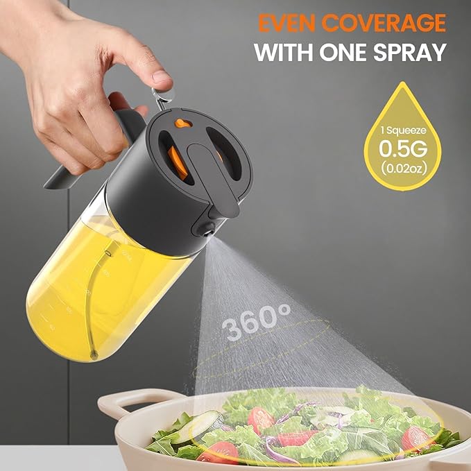 2 in 1 500ml/17oz Oil Sprayer for Cooking, 2026 Large Advanced Glass Olive Oil Dispenser Bottle w/stickers, Even Spray with Portion Control for Kitchen, Air Fryer, Salad, BBQ - Black