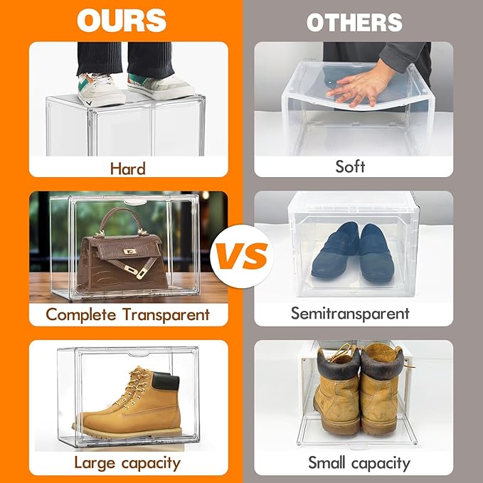 2 Pack Clear Shoe Storage Boxes Stackable Acrylic Shoe Display Case, Large Plastic Shoe Box Sneaker Organizer Purse Organizer with Magnetic Door, Size 12 or 13