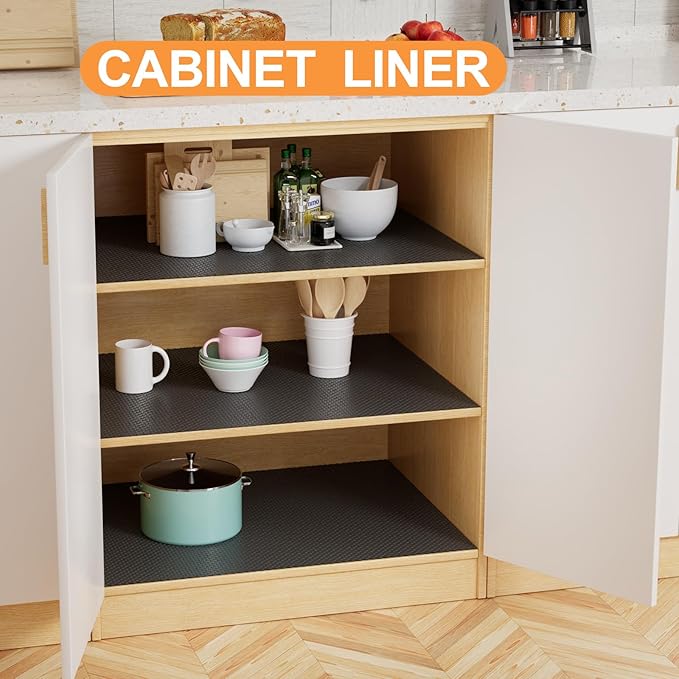 FLPMIX Shelf Liner for Kitchen Cabinets 10 inch Wide: Easy to Cut Bathroom Drawer Mat 10" x 396 Inch Black - Waterproof Pantry Cupboard Liner