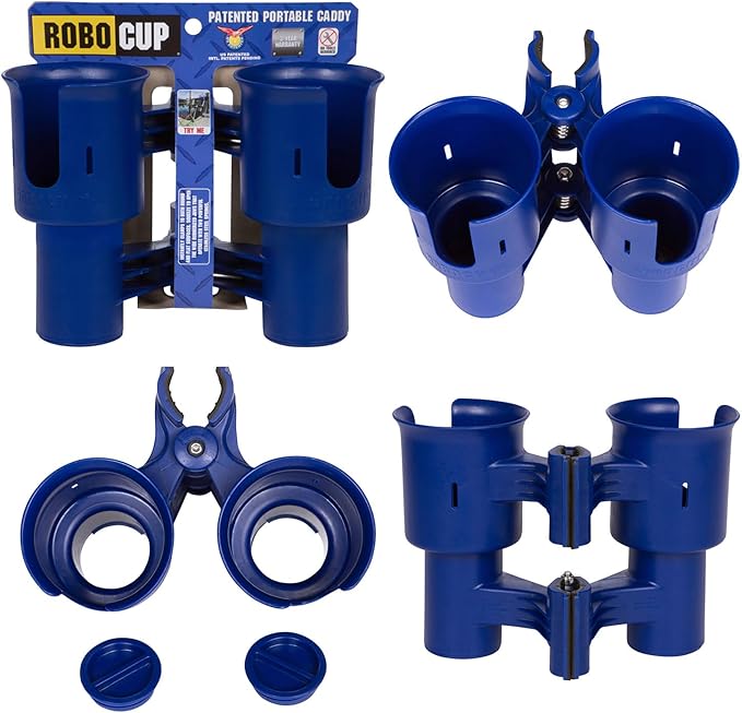 ROBOCUP, (Navy), Patented Boat Cup Holder, Clamp on Portable Storage Caddy Securely Holds 2 Drinks, Fishing Poles, Tools, Marine Gear | Perfect for Boating, Beach Umbrellas, Golf Carts