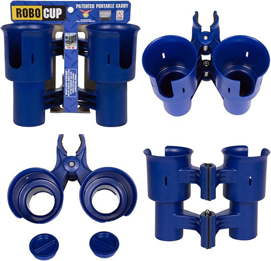 ROBOCUP, (Navy), Patented Boat Cup Holder, Clamp on Portable Storage Caddy Securely Holds 2 Drinks, Fishing Poles, Tools, Marine Gear | Perfect for Boating, Beach Umbrellas, Golf Carts