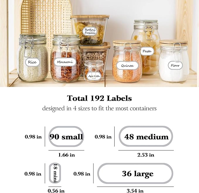 192pcs Labels for Jars Removable Waterproof Write-on Bottle Labels Stickers with Silver Border for Organizing Home Kitchen Pantry Food Storage Containers Spice Jars Jam Cannings, with Marker Pen