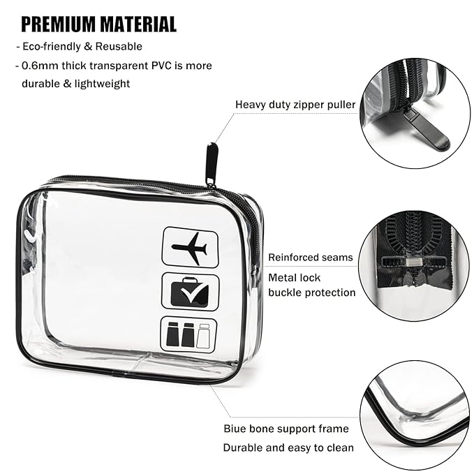 MODENGKONGJIAN TSA Approved Toiletry Bag, 3 Pcs Clear Toiletries Bags Quart Size Travel Makeup Cosmetic Bag for Women Men, Carry on Airport Airline Compliant Bag (Black)