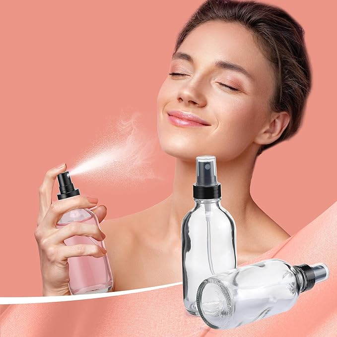 Fumete 2 Pack Glass Bottles 4oz Empty Refillable Liquid Containers with 1 Label 1 Funnel for Essential Oils Hair Travel Plants Cleaning Skin Care(Clear, Black Top,Mist Bottle)