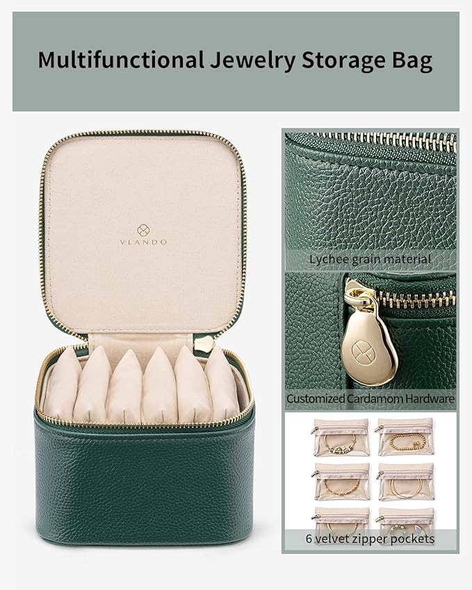 Vlando Jewelry Travel Case, Travel Jewelry Organizer with Clear Velvet Jewelry Bags 6Pcs Zipper Pouch for Women Girl Christmas Wedding Gift-Green