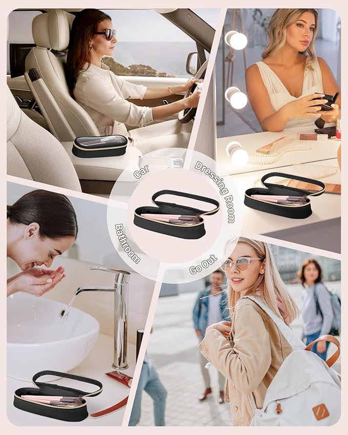 Clear Travel Makeup Brush Holder, Leather Makeup Brush Toiletry Bag, Portable Cosmetic Brush Case, Transparent Waterproof Makeup Brush Storage Bag, Black