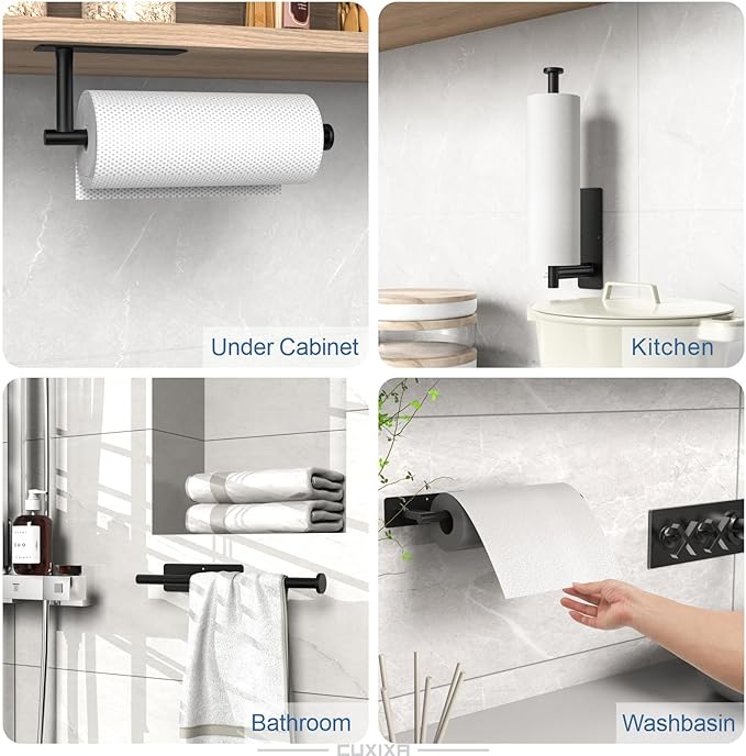 CUXIXA Paper Towel Holder Under Cabinet 2 Pack, Under Counter Paper Towel Holder Wall Mount with Self Adhesive and Screws for Kitchen, Bathroom, RV (Stainless Steel, Black)