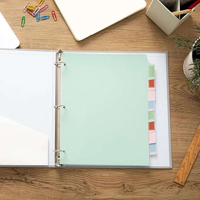 Y YOMA Colored 3 Ring Binder Dividers with Tabs Letter Size Paper Binder Tabs Page Dividers Cute Decorative Binder Index Dividers for Office School Home with 1/8-Cut Tabs, Tender Color (8 Sheet)
