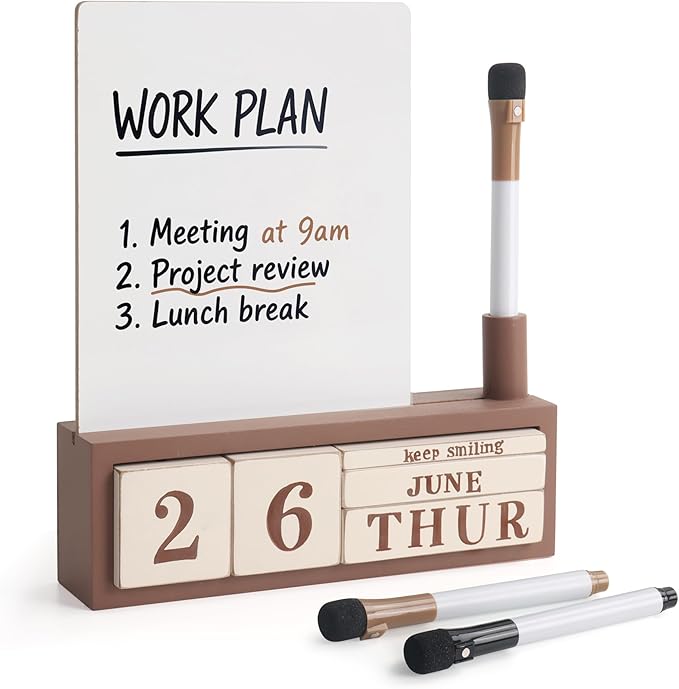 SELEAD Wooden Block Desk Calendar with Dry Erase White Board - Daily Desktop Perpetual Calendar Words Sign Quotes for Home Office Classroom Decor, Teachers Students - Brown