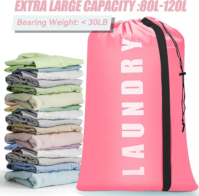 Isink Heavy Duty Laundry Bag with Strap, 2 Pack Travel Laundry Bags for Dirty Clothes, 24" x 36" Large Laundry Bag for Traveling, Camping, Dorm (Cyan + Pink)