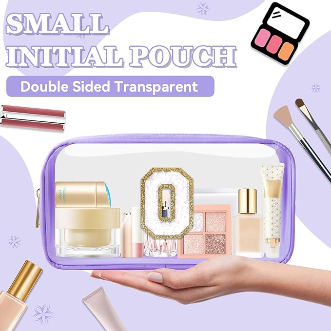 Small Clear Personalized Initial Makeup Bag,Preppy Nylon A-Z Chenille Letter Patch Makeup Organizer TSA Approved Travel Toiletry Bag,Waterproof Zip Beach Cosmetic Pouch Purse for Women(Purple-White O)