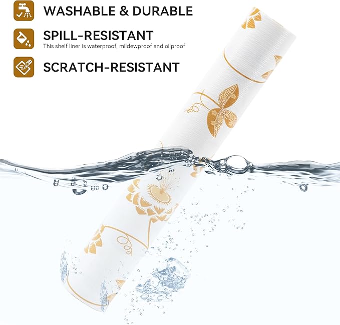 RAY STAR Shelf Liner, Non Adhesive Golden Leaves Floral Kitchen Cabinet Liner for Pantry Drawer Vanity, Strong Grip Non Slip, Shelf Liners for Kitchen Cabinets Cupboard 18 Inch x 8 FT (2 Rolls)
